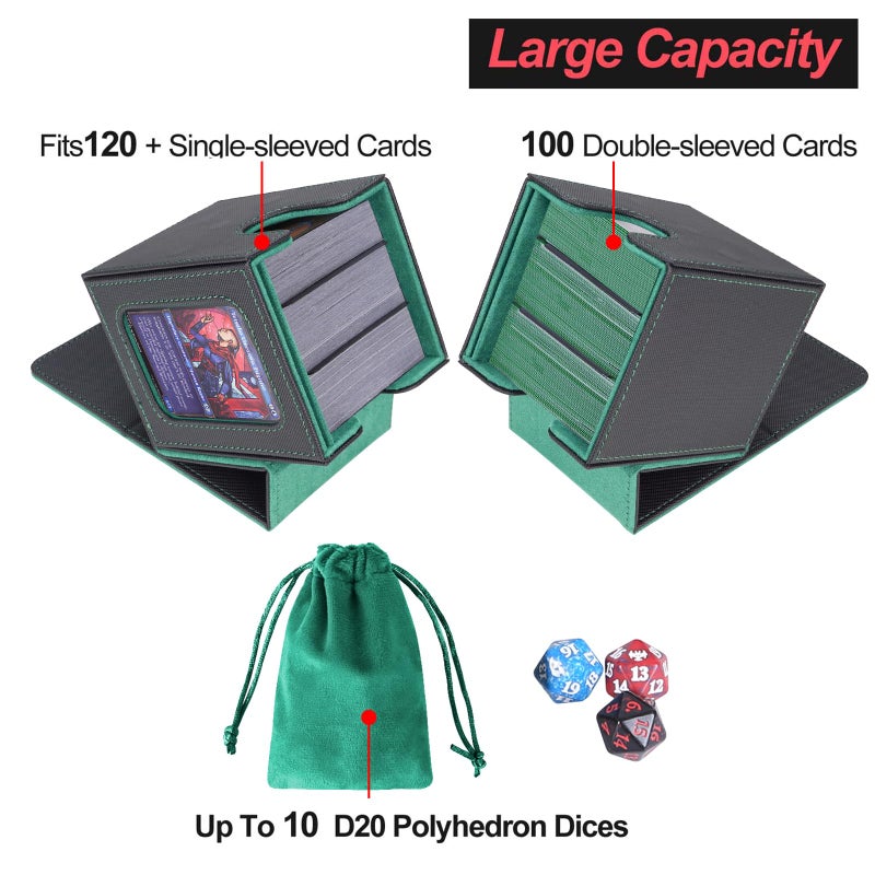 AFIING MTG Deck Box for Commander Display,Card Deck case Fits 100 Double Sleeved Cards,Magic Commander TCG Card Storage Box with 2 Dividers,Dice Bag and Toploader Black Green - Image 3