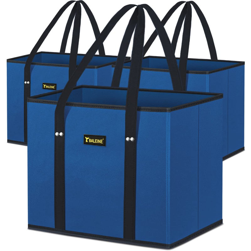 BALEINE 3Pk Reusable Grocery Bags Foldable Shopping Bags for Groceries with Reinforced Bottom  Handles Blue