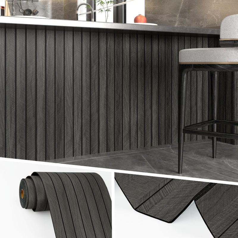Wallercity 3D Gray/Black Wood Panels for Walls Self Adhesive Wood Slat Wall Paneling for Bedroom Bathroom Thick Peel and Stick Flexible Wooden Wall Panel for Living Room Kids Room Ceiling 11.7''x118'' - Image 1