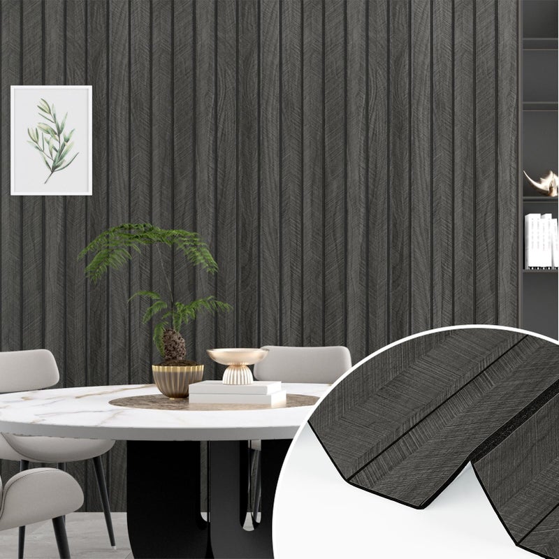 Wallercity 3D Gray/Black Wood Panels for Walls Self Adhesive Wood Slat Wall Paneling for Bedroom Bathroom Thick Peel and Stick Flexible Wooden Wall Panel for Living Room Kids Room Ceiling 11.7''x118'' - Image 3