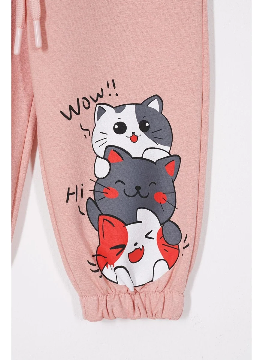 زيبكيدز Cute Kittens Printed Dark Powder Color Girls Tracksuit Bottoms