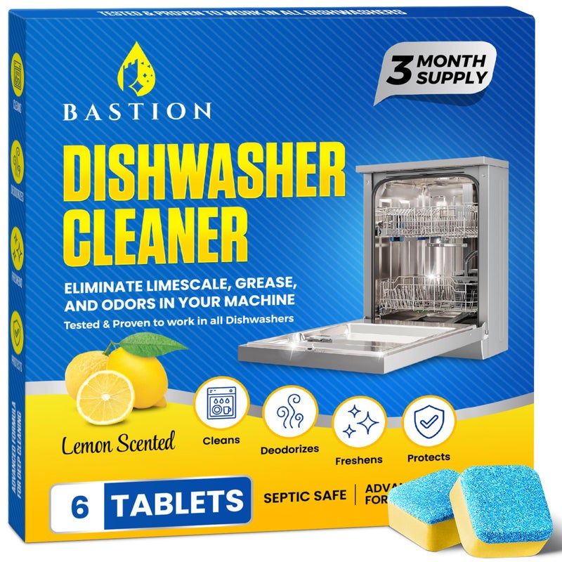 Bastion Dishwasher Cleaner Tablets, Lemon Scent, 3-Month Supply (6 Pods), Powerful Cleaning & Odor Removal, Descaling Tablets - Image 1