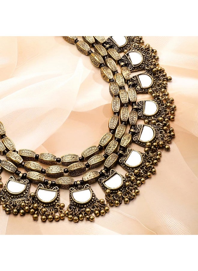 Rubans Silver and Gold-Toned Handcrafted Necklace for Women & Girls - Gold Toned Embellished with Mirror Multi-Layer Statement Necklace with Gold Beads - Image 2