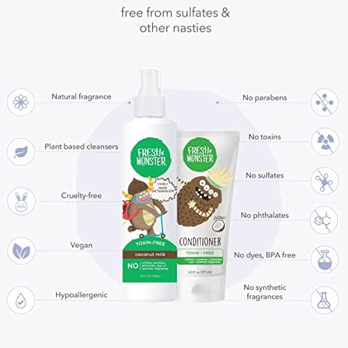 Fresh Monster مجموعة فك تشابك شعر الأطفال فريش مونستر | 8.5 أونصة فك تشابك و 6 أونصات بلسم | بدون سموم | مضاد للحساسية | بلسم طبيعي | رذاذ فك تشابك | جوز الهند - Image 4