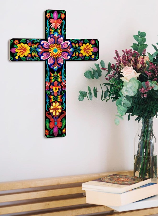 Putuo Decor Floral Cross Wall Decor Painted Decorative Wooden Inspirational Cross Spanish Style Wall Cross Decor Mexican Art Wall Decor Crucifix for Home Room Church Decoration - Image 5