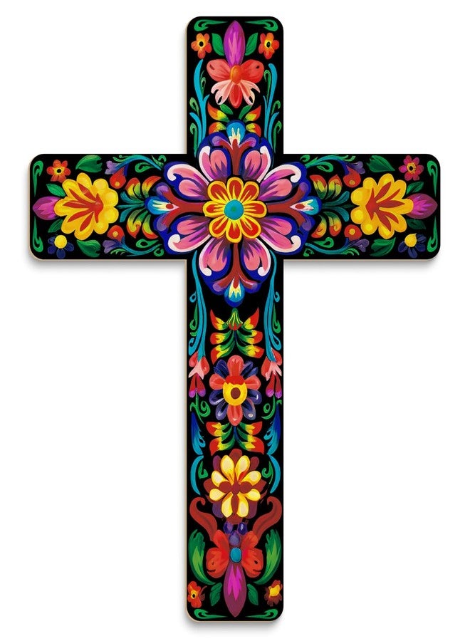 Putuo Decor Floral Cross Wall Decor Painted Decorative Wooden Inspirational Cross Spanish Style Wall Cross Decor Mexican Art Wall Decor Crucifix for Home Room Church Decoration - Image 1