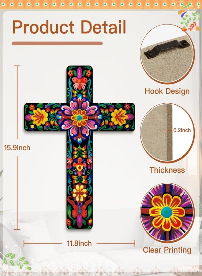 Putuo Decor Floral Cross Wall Decor Painted Decorative Wooden Inspirational Cross Spanish Style Wall Cross Decor Mexican Art Wall Decor Crucifix for Home Room Church Decoration - Image 2