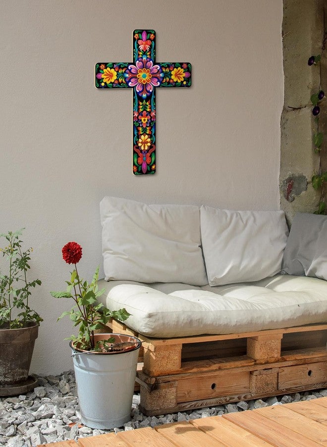Putuo Decor Floral Cross Wall Decor Painted Decorative Wooden Inspirational Cross Spanish Style Wall Cross Decor Mexican Art Wall Decor Crucifix for Home Room Church Decoration - Image 4