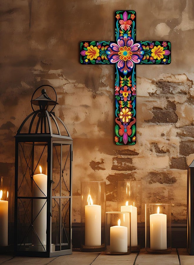 Putuo Decor Floral Cross Wall Decor Painted Decorative Wooden Inspirational Cross Spanish Style Wall Cross Decor Mexican Art Wall Decor Crucifix for Home Room Church Decoration - Image 3