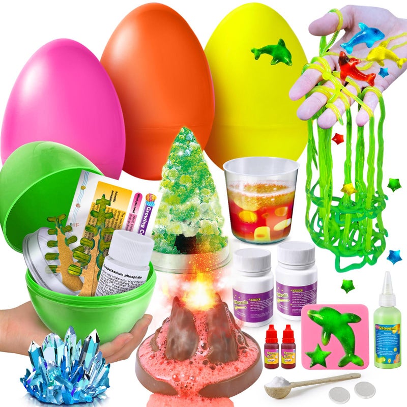 Kacwsoay 4 Jumbo Easter Basket Stuffer Surprise Eggs, Science Experiments for Kids, Easter Toys Gift Idea for Boys and Girls Educational Party Favor STEM Activities Volcano Crystal Tree - Image 1