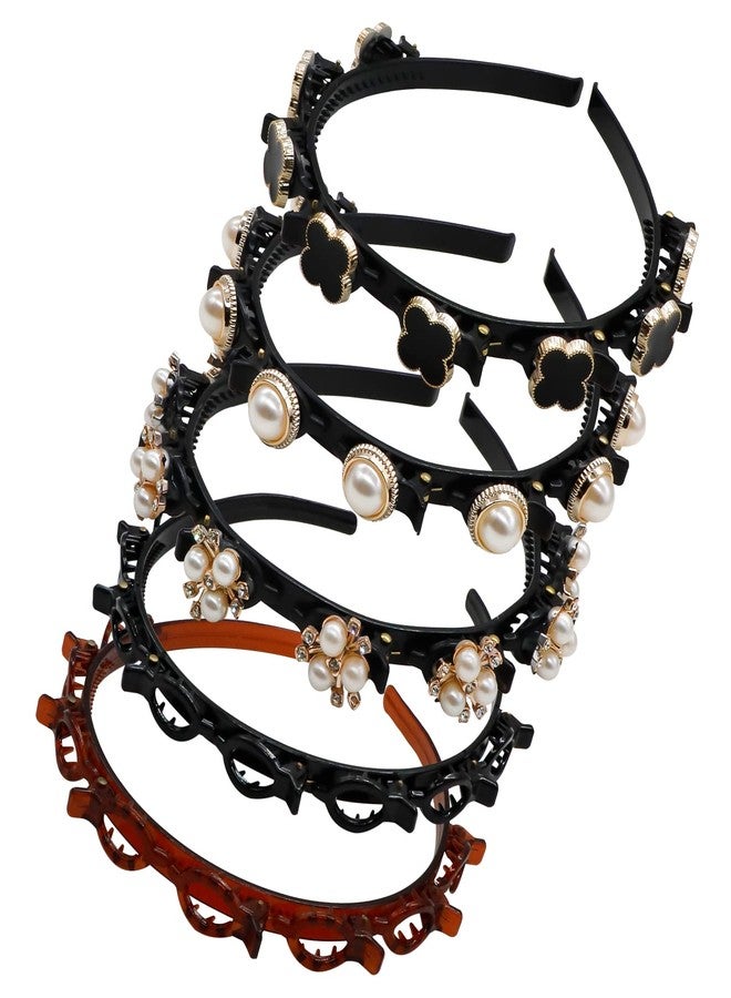 IBEQUEM 5Pcs Double Bangs Hairstyle Hairpin, Double Layer Twist Plait with Rhinestone, Korean Braided Headbands with Clips Woven Flower, Hair Accessories for Women Girls Women's Day (Black, Brown) - Image 1