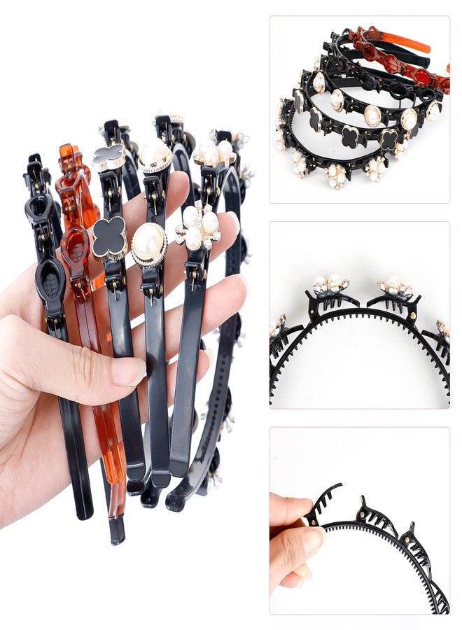 IBEQUEM 5Pcs Double Bangs Hairstyle Hairpin, Double Layer Twist Plait with Rhinestone, Korean Braided Headbands with Clips Woven Flower, Hair Accessories for Women Girls Women's Day (Black, Brown) - Image 3