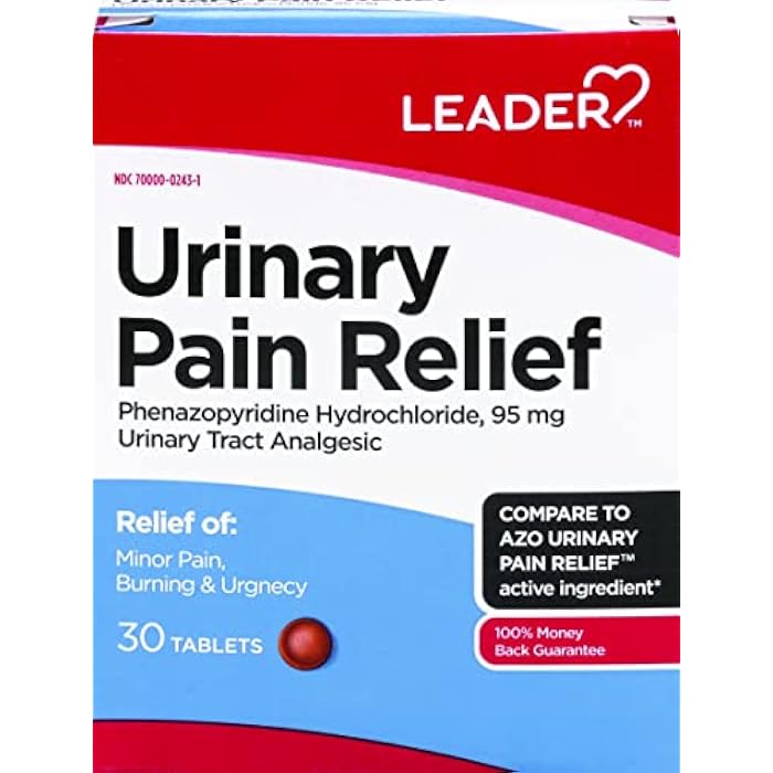 Leader Urinary Pain Relief Maximum Strength, Urinary Tract Analgesic, Relieves Burning and Urgency, Phenazopyridine Hydrochloride 95 mg, for Adults, Both Men & Women, 30 Tablets - Image 1