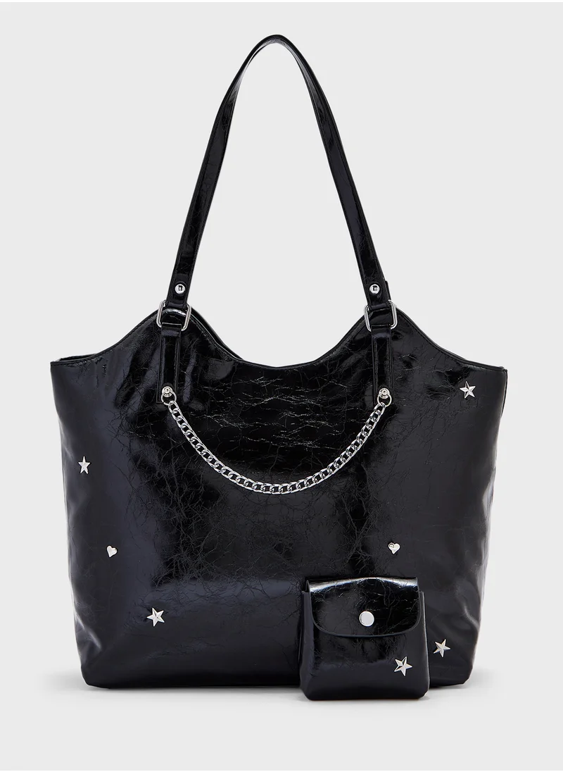 جينجر Star & Heart Studded Multi Pocket Tote Bag