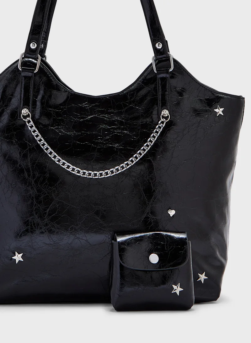 Ginger Star & Heart Studded Multi Pocket Tote Bag