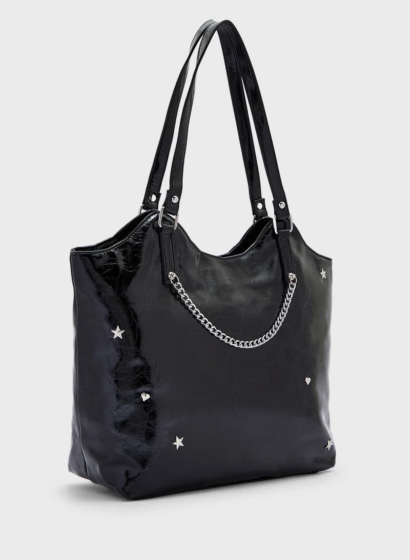 Ginger Star & Heart Studded Multi Pocket Tote Bag