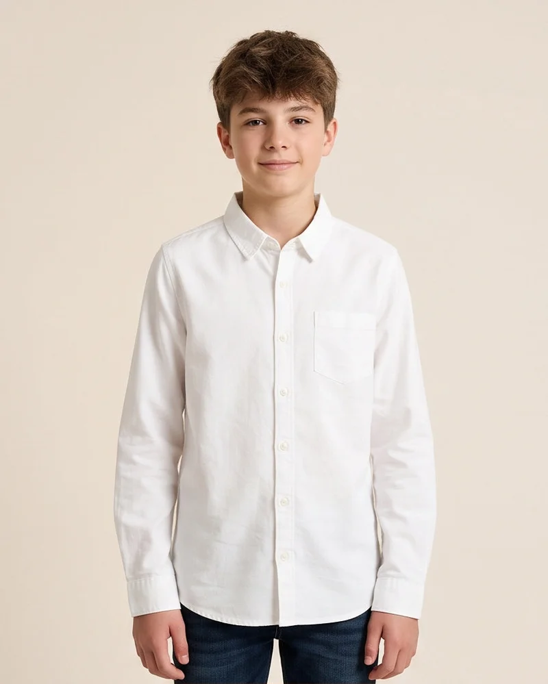 Redtag Senior Boys White Long Sleeve Oxford Shirt