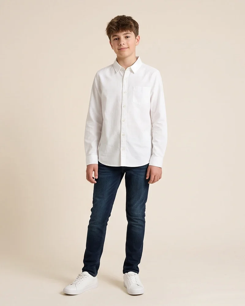 Redtag Senior Boys White Long Sleeve Oxford Shirt