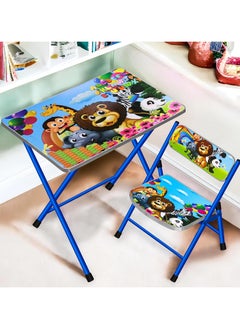 Kids Folding Table and 1 Chair Set Portable Study Desk Cartoon Themed Play Educational Furniture Easy Fold for Storage Ideal for Snacks Art Homework and Learning Nursery Growing with Your Baby Child