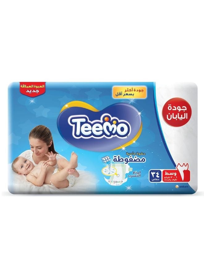 Teemo Baby Diapers Medium Size 3 (6-12 kg) Jumbo Pack 34 Diapers - Image 1