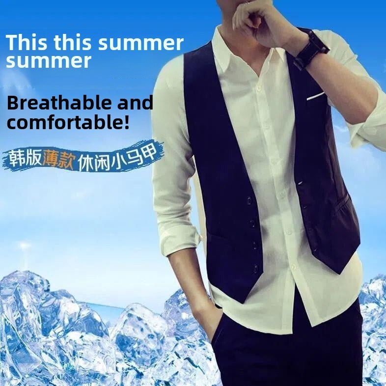 Suit Vest Summer Thin Non-ironing Korean Style Slim-fit British Fashion Vest Casual Professional Dress Vest Mens Horse Clip Black  - Image 3