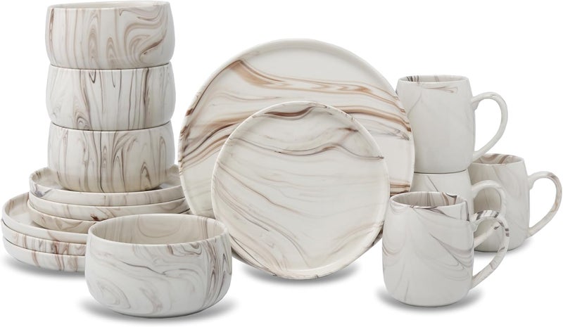 Lorren Home Trends طقم أدوات مائدة بتصميم رخام 16 قطعة من الأطباق والأكواب الخزفية بتصميم حديث دوامة باللون البيج والبني - Image 1