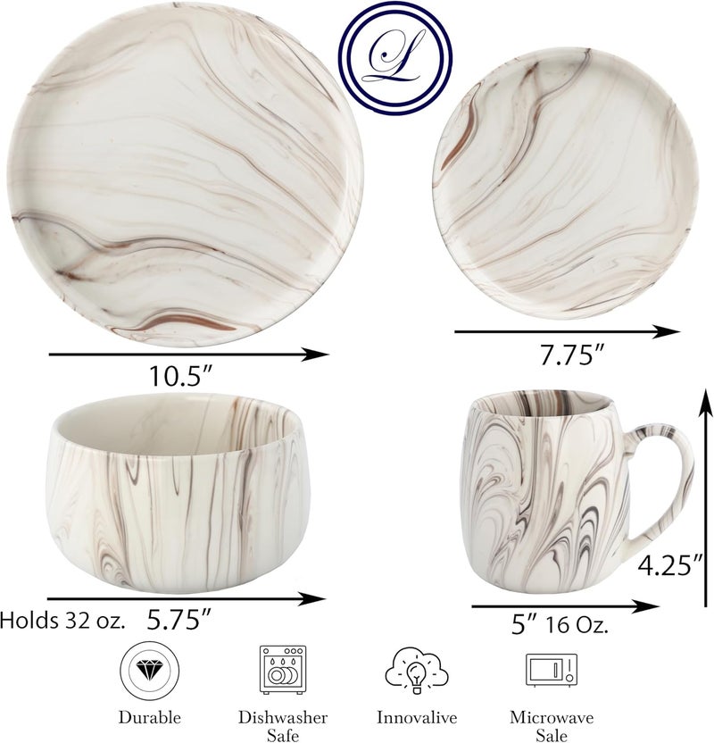 Lorren Home Trends طقم أدوات مائدة بتصميم رخام 16 قطعة من الأطباق والأكواب الخزفية بتصميم حديث دوامة باللون البيج والبني - Image 2