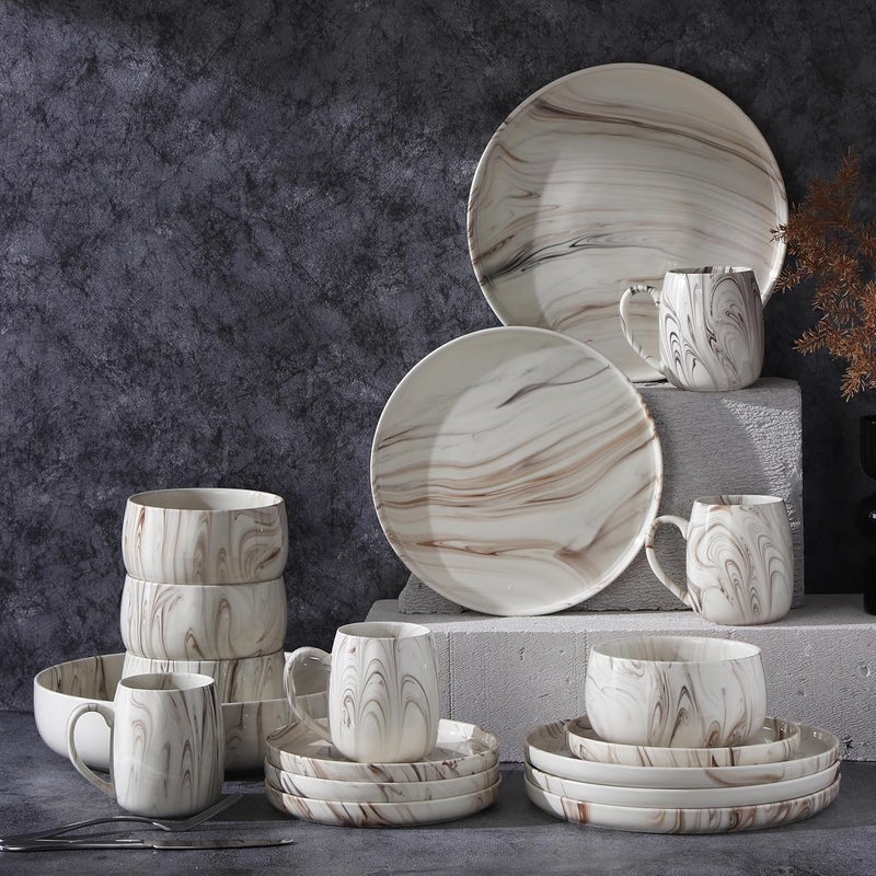Lorren Home Trends طقم أدوات مائدة بتصميم رخام 16 قطعة من الأطباق والأكواب الخزفية بتصميم حديث دوامة باللون البيج والبني - Image 3