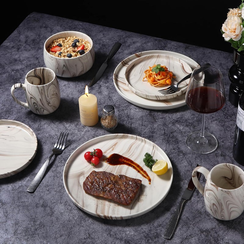 Lorren Home Trends طقم أدوات مائدة بتصميم رخام 16 قطعة من الأطباق والأكواب الخزفية بتصميم حديث دوامة باللون البيج والبني - Image 5