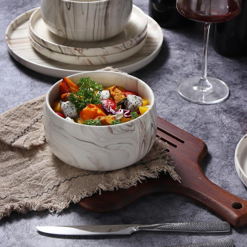 Lorren Home Trends طقم أدوات مائدة بتصميم رخام 16 قطعة من الأطباق والأكواب الخزفية بتصميم حديث دوامة باللون البيج والبني - Image 4