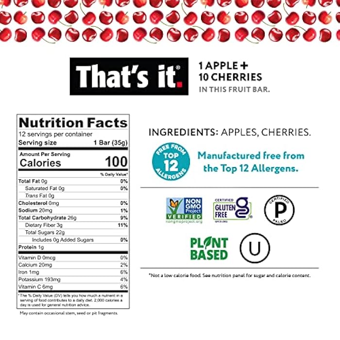 That's it. Apple + Cherry 100% Natural Real Fruit Bar, Best High Fiber Vegan, Gluten Free Healthy Snack, Paleo for Children & Adults, Non GMO No Sugar Added, No Preservatives Energy Food (12 Pack) - Image 2