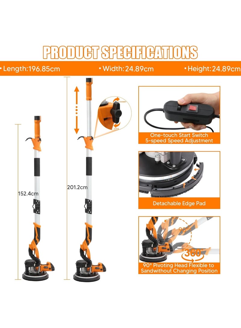 ZLH HITY Drywall Sander 2000W,11.5A Electric Drywall Sander with Vacuum,with 12 PCS Sanding Discs, 6 Variable Speed, Xtension Handle,LED Light,Variable Speed 800-2300RPM - Image 2