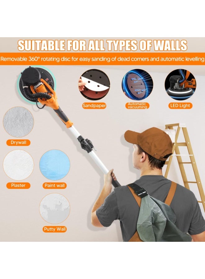 ZLH HITY Drywall Sander 2000W,11.5A Electric Drywall Sander with Vacuum,with 12 PCS Sanding Discs, 6 Variable Speed, Xtension Handle,LED Light,Variable Speed 800-2300RPM - Image 3