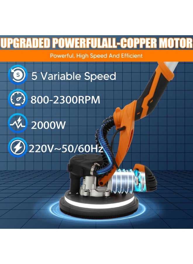 ZLH HITY Drywall Sander 2000W,11.5A Electric Drywall Sander with Vacuum,with 12 PCS Sanding Discs, 6 Variable Speed, Xtension Handle,LED Light,Variable Speed 800-2300RPM - Image 4