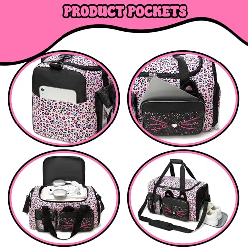 Oruiji Kids Duffle Bag Girls Travel Bag Gifts for Girls Cat Gymnastics Dance Bags for Kids Overnight Sleepover Bags for Girl with Shoes Compartment - Image 4