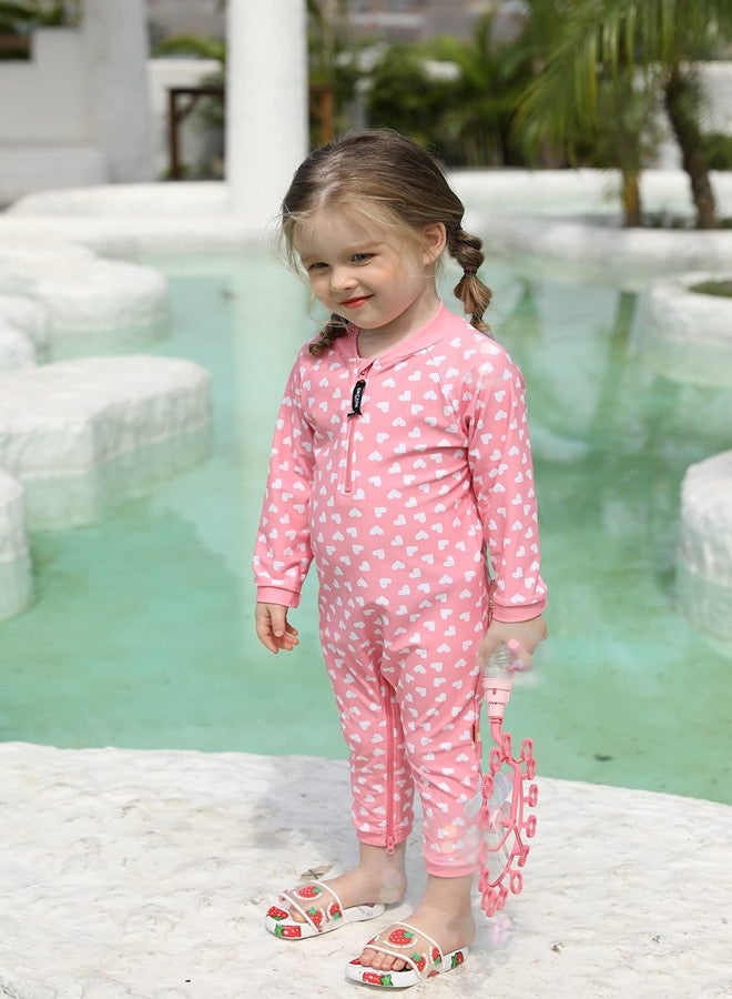 weVSwe Baby Toddler Sun Protection Rash Guard One Piece Pink Heart Girls Swimsuit Crotch Zipper for Easy Diaper Changes 6-12M - Image 2