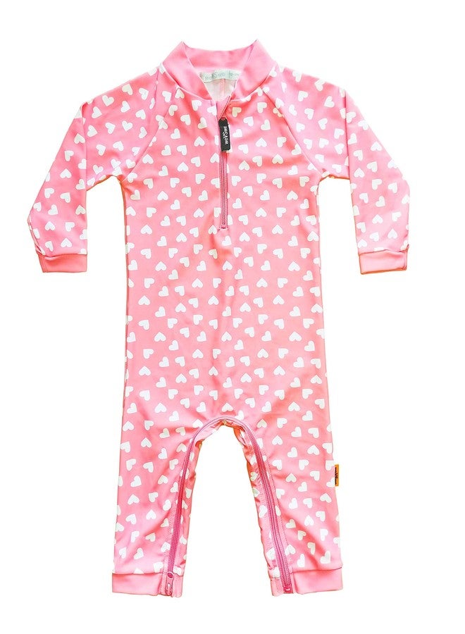 weVSwe Baby Toddler Sun Protection Rash Guard One Piece Pink Heart Girls Swimsuit Crotch Zipper for Easy Diaper Changes 6-12M - Image 1