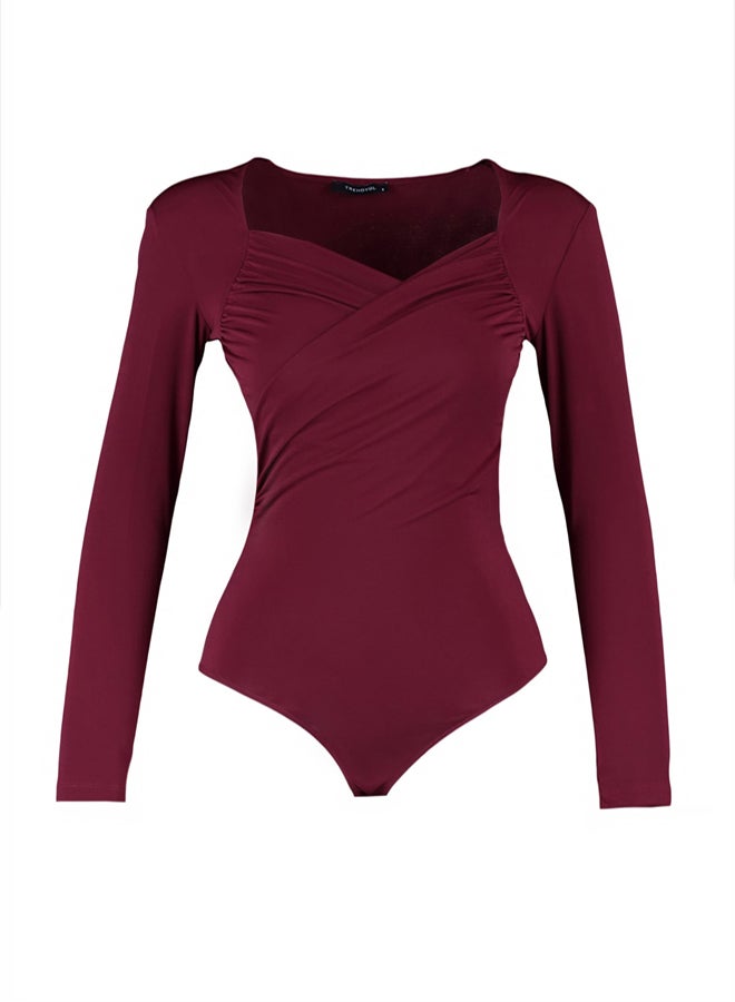 trendyol Burgundy Waistband Draped Detailed Fitted/Situated Flexible Snaps Knitted Bodysuit TWOAW22BD0156 - Image 5
