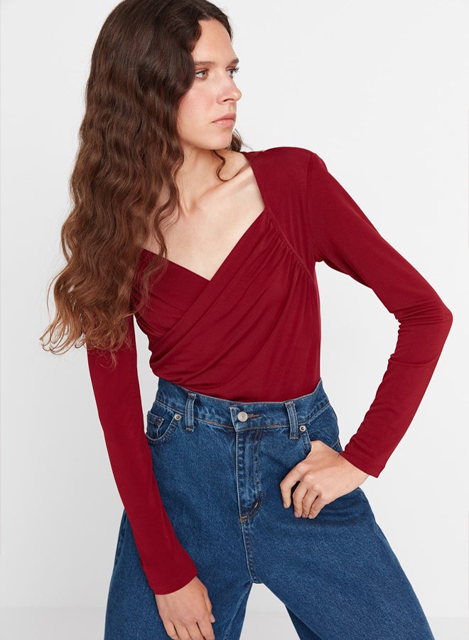 trendyol Burgundy Waistband Draped Detailed Fitted/Situated Flexible Snaps Knitted Bodysuit TWOAW22BD0156 - Image 2
