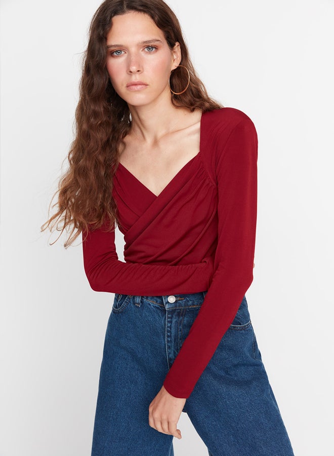 trendyol Burgundy Waistband Draped Detailed Fitted/Situated Flexible Snaps Knitted Bodysuit TWOAW22BD0156 - Image 1