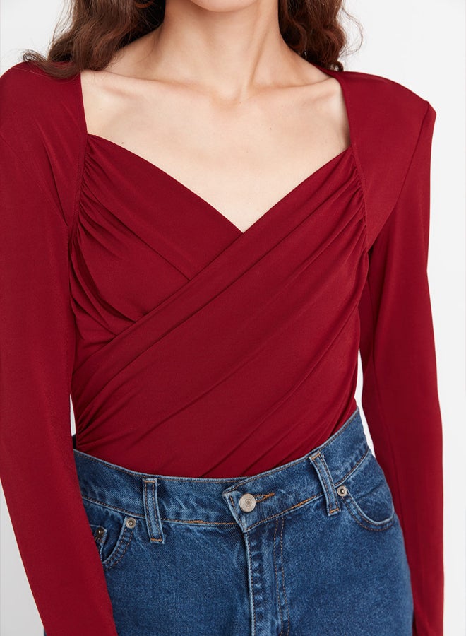 trendyol Burgundy Waistband Draped Detailed Fitted/Situated Flexible Snaps Knitted Bodysuit TWOAW22BD0156 - Image 3