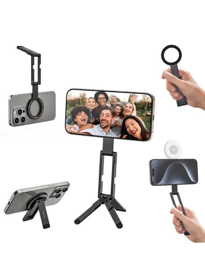 ULANZI MA60 Magnetic Phone Tripod Stand for iPhone - Aluminium Smartphone Mini Tripod Pocket Cell Phone Stand Strong Magnet Quick Mount Compatible with iPhone 16 15 14 13 12 Series, Black - Image 1