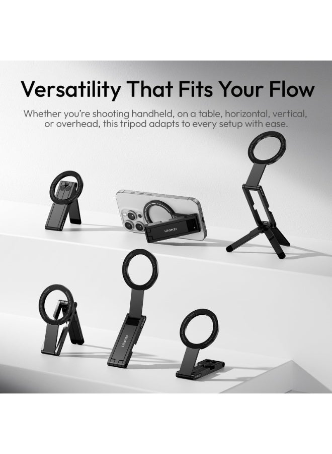 ULANZI MA60 Magnetic Phone Tripod Stand for iPhone - Aluminium Smartphone Mini Tripod Pocket Cell Phone Stand Strong Magnet Quick Mount Compatible with iPhone 16 15 14 13 12 Series, Black - Image 3