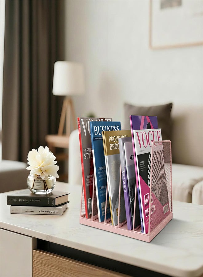 LEKETREE Small Desk File Organizer, 5-Section Upright File Sorter, Vertical File Folder Holder, Mesh Metal Wood Office Desktop Organization for Document, Magazine, Books and more (Pink) - Image 3