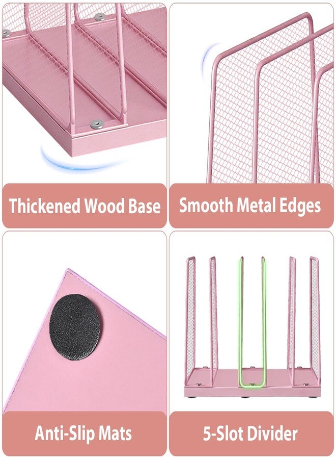 LEKETREE Small Desk File Organizer, 5-Section Upright File Sorter, Vertical File Folder Holder, Mesh Metal Wood Office Desktop Organization for Document, Magazine, Books and more (Pink) - Image 5