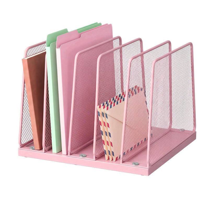 LEKETREE Small Desk File Organizer, 5-Section Upright File Sorter, Vertical File Folder Holder, Mesh Metal Wood Office Desktop Organization for Document, Magazine, Books and more (Pink) - Image 1