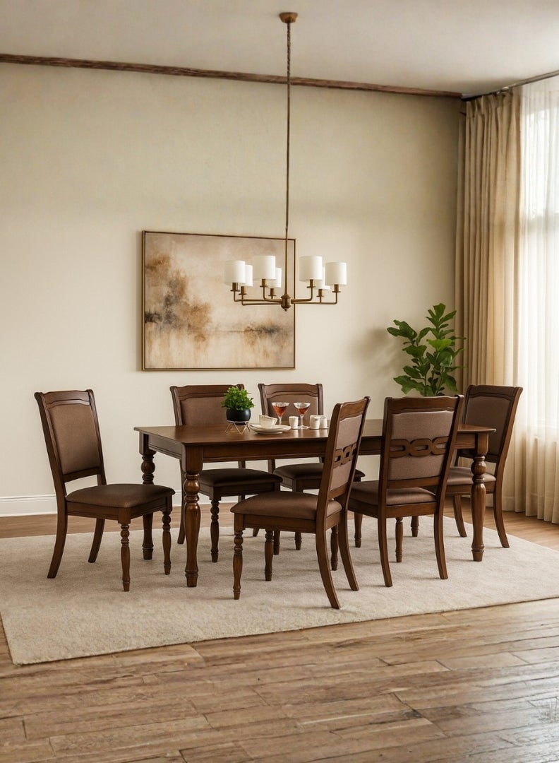 ROYALOAK Wooden Dining 6 Seater, Mindy Wood Veneer Top with Solid Wood Turned Fluted Legs, Cushioned Seat & Backrest for Enhanced Comfort and Support - Image 1