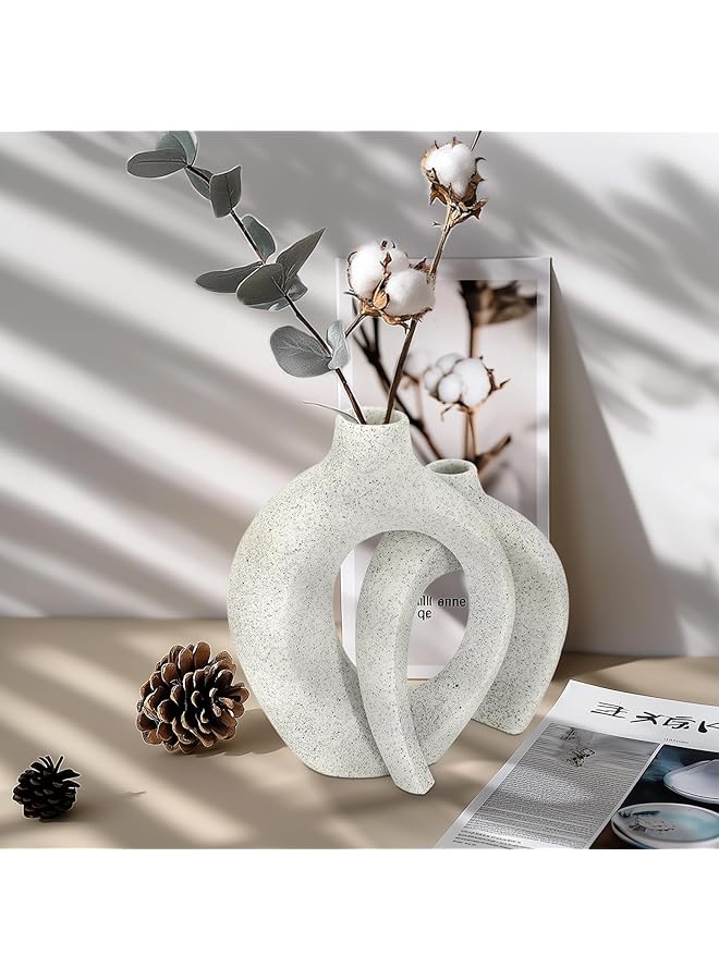 The Bros Ceramic Vase Set of 2: White Vase for Home Decor Hollow Round Matte Donut Vases for Pampas Grass Vases for Living Room Wedding Dinner Table Party Office Bedroom - Image 1