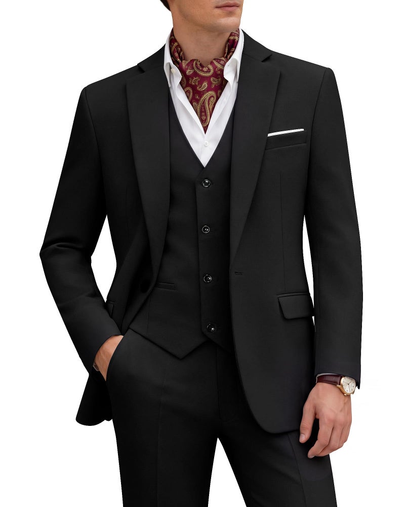 WULFUL Men's 3 Piece Slim Fit Suit Set One Button Blazer Jacket Pants Tuxedo Set for Party Wedding and Business Black - Image 1
