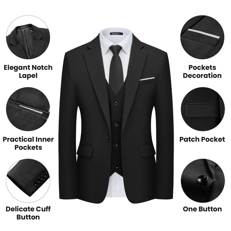 WULFUL Men's 3 Piece Slim Fit Suit Set One Button Blazer Jacket Pants Tuxedo Set for Party Wedding and Business Black - Image 2